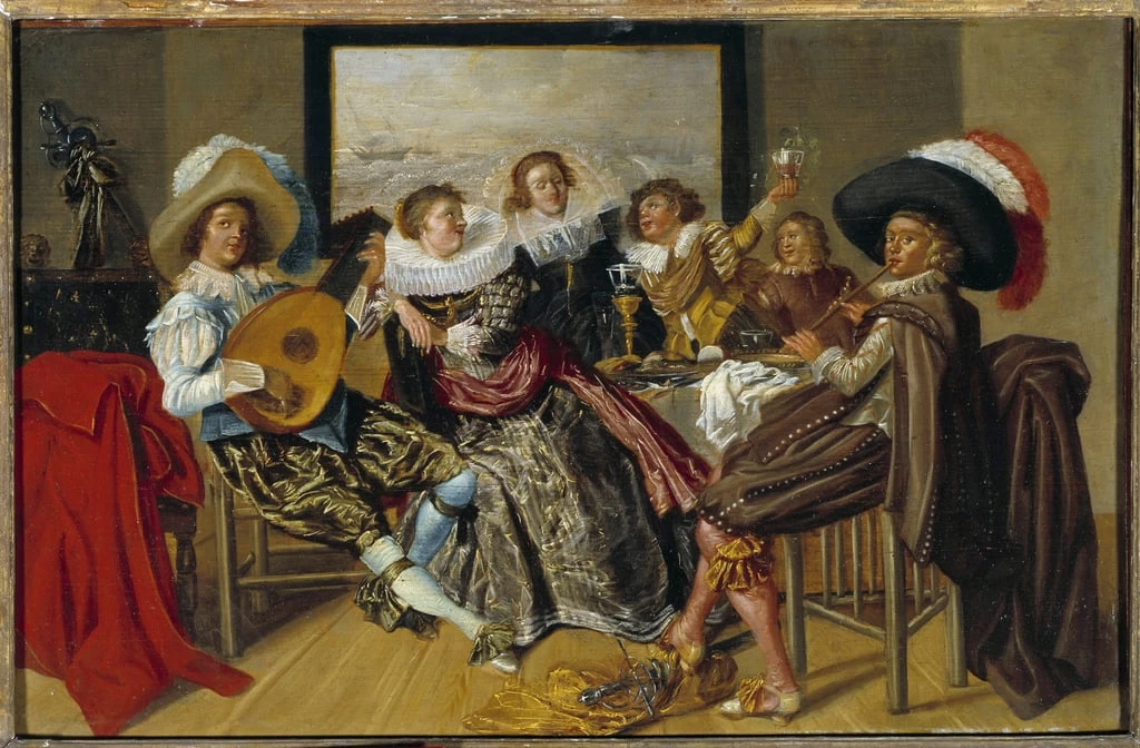 Musicisti e giovani donne che suonano musica e alzano i bicchieri a una festa - Louvre, Parigi